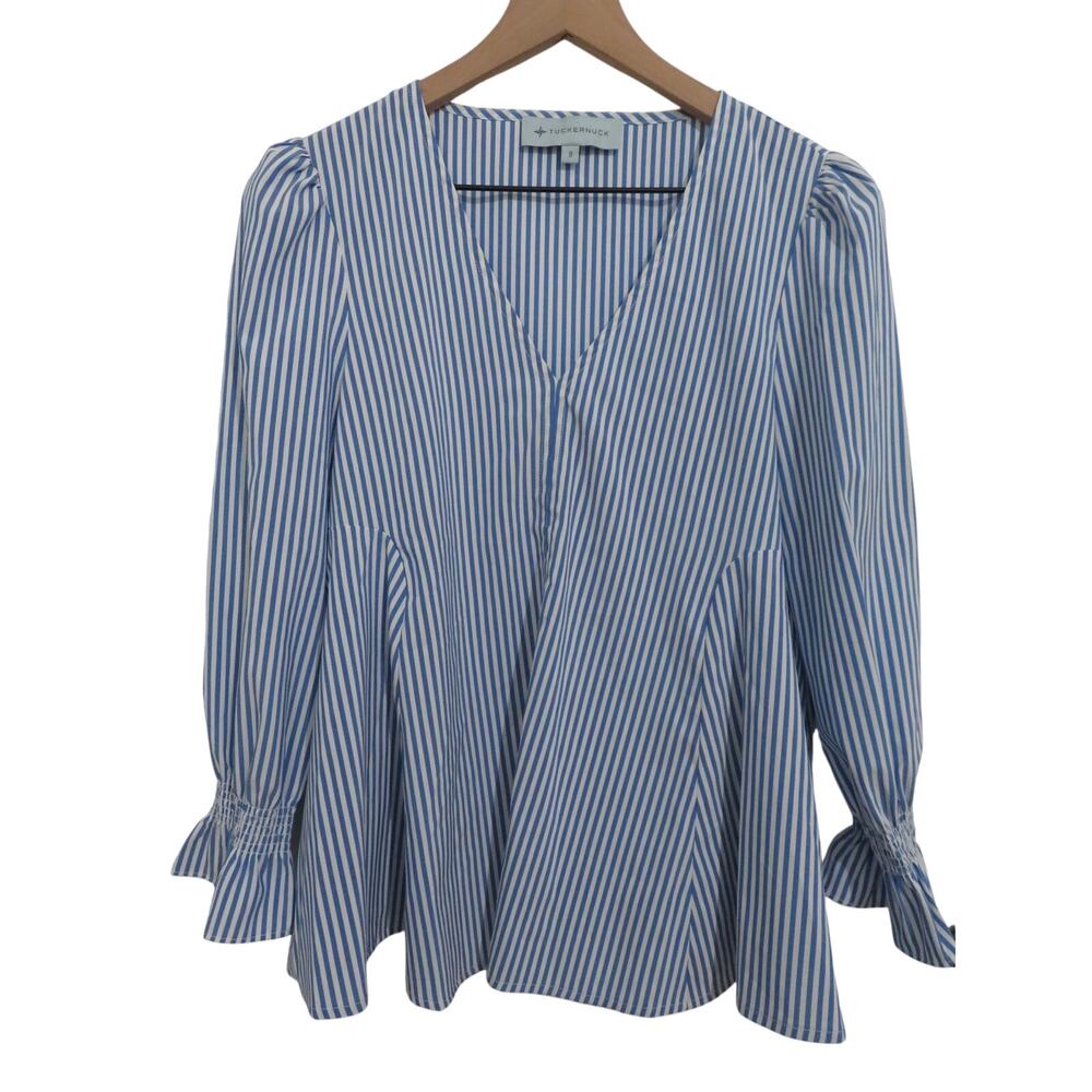 Tuckernuck Sz S Blue White Striped Easton Striped V Neck Blouse Long Puff Sleeve